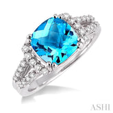 8x8 MM Cushion Shape Blue Topaz and 1/4 ctw Round Cut Diamond Ring in 14K White Gold